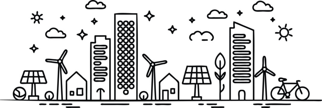 Eco friendly cityscape with renewable energy sources and green technology infrastructure  sustainable urban planning concept