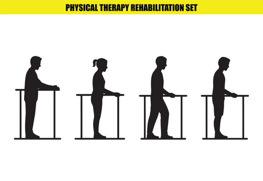 Physical Therapy Rehabilitation Set Vector with Silhouettes of People Using Parallel Bars for Recovery and Exercise