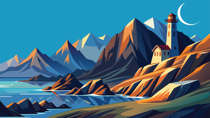 A solitary lighthouse stands on a rugged mountain cliff under a crescent moon in a blue night sky © CreativeKamrul