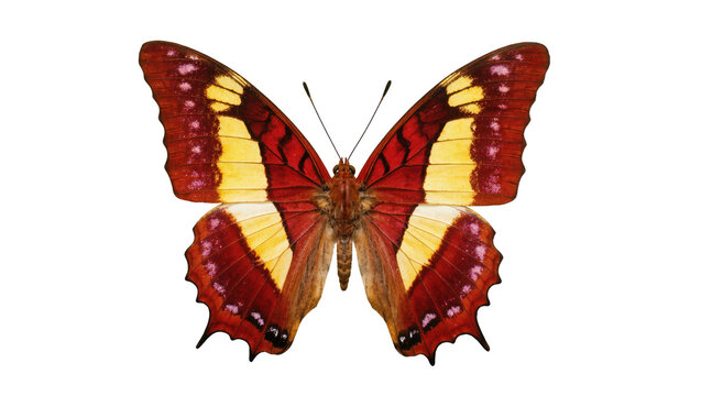 Beautiful tropical butterfly with striking red and yellow patterned wings spread wide