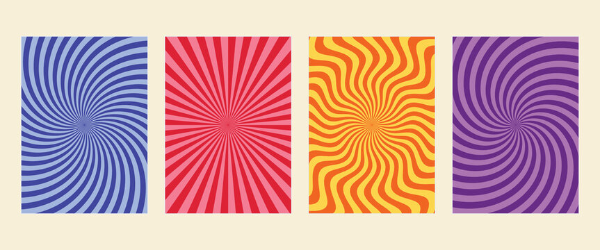Set of retro psychedelic spiral backgrounds. Colorful sunburst burst vector templates for poster, banner, and retro 70s abstract cover design.