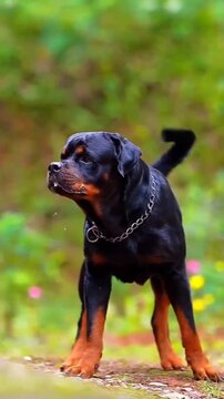 Majestic purebred rottweiler dog standing alertly outdoors with a chain collar proudly displayed