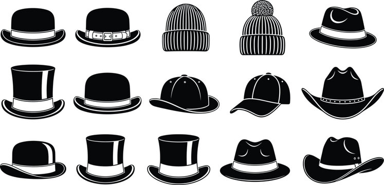 Set of black and white headwear icons including top hats beanies fedoras cowboy hats and baseball caps cad drawing flat vector illustration