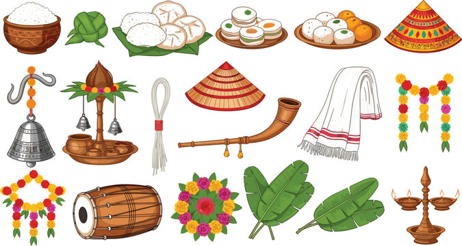 Collection of traditional cultural icons including sweets, dhol drum, festive hats, marigold garlands, banana leaves, and ritual lamps for ethnic folk festivals and heritage celebrations.