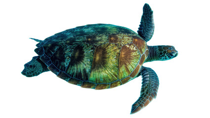 Magnificent green sea turtle gracefully glides through water, vibrant shell patterns visible © Ophelia