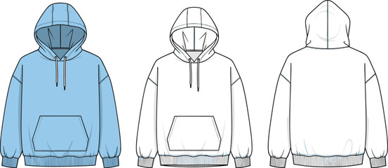 Unisex Oversized Hoodie Technical Flat Sketch Set CAD Drawing Vector Illustration Fashion Template Pullover Fleece Hooded Sweatshirt Design Mockup Bundle © Fozila