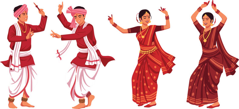 Collection of traditional folk dancers in ethnic attire featuring male and female dancers in red and white sarees and dhotis for cultural festival and heritage celebration designs.