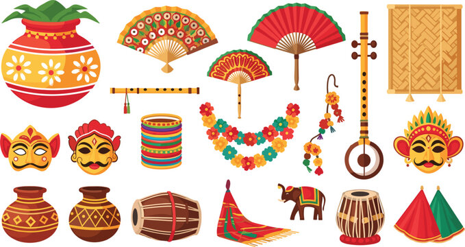 Set of colorful traditional cultural icons featuring musical instruments, festive masks, hand fans, clay pots, and decorative ornaments for Pohela Boishakh and folk festival designs.