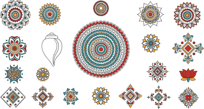 Set of colorful hand drawn ethnic mandala ornaments including floral motifs and conch shell icons for traditional wedding cards, festive decorations, and oriental pattern designs.