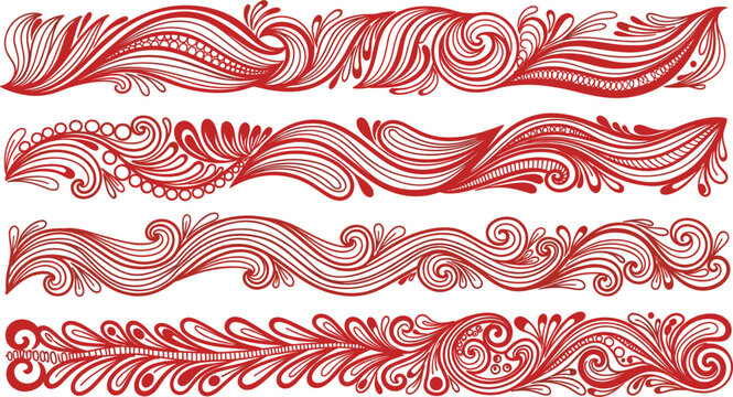Set of elegant red ornamental wave borders with intricate swirls and floral doodles for decorative wedding invitations, vintage frames, and ethnic greeting card designs.