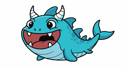 Fototapeta premium Cartoon blue dragon with horns smiling.