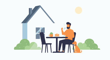 Fototapeta premium Man sitting at table with dog.