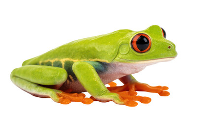 Fototapeta premium Vibrant green red-eyed tree frog amphibian with striking orange feet and bright red eyes