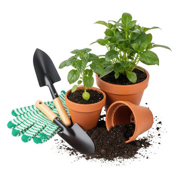 A pair of terracotta pots with plants and a small shovel on a bed of soil. isolated on transparent background, png
