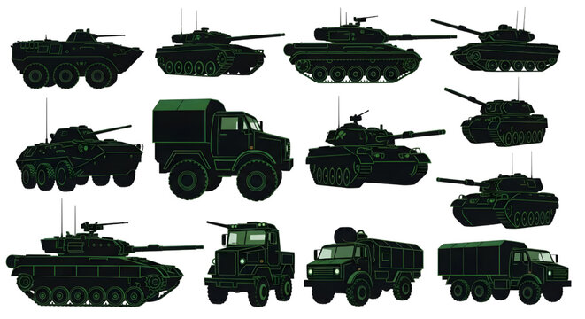 Military Vehicle Silhouette Vector Set &ndash; Tanks, Armored Trucks, Tactical Transport Icons Collection