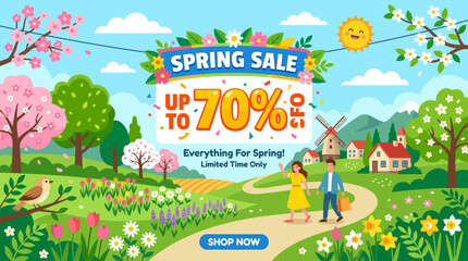 Obraz premium Spring Sale Banner with Couple Walking in Scenic Landscape