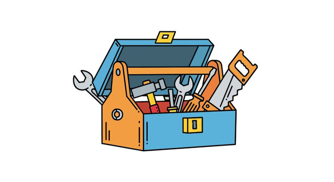 Open tool box with various hand tools inside, illustration.