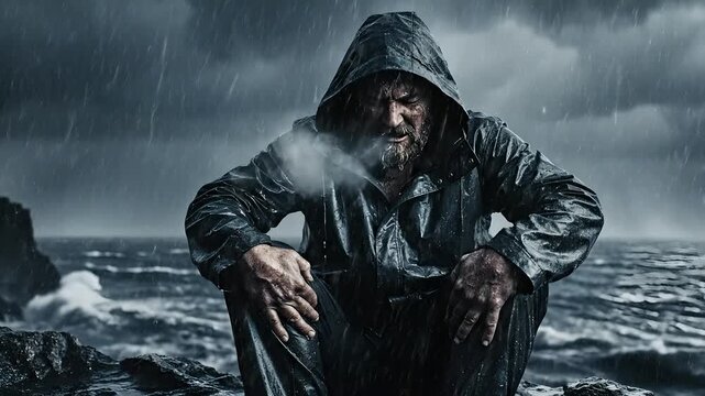 Emotional man suffering mental anguish in storm, cinematic portrayal of depression and anxiety concept, dark mood illustration for psychology awareness