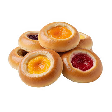 A delicious collection of freshly baked round sweet kolaches filled with assorted fruit preserves
