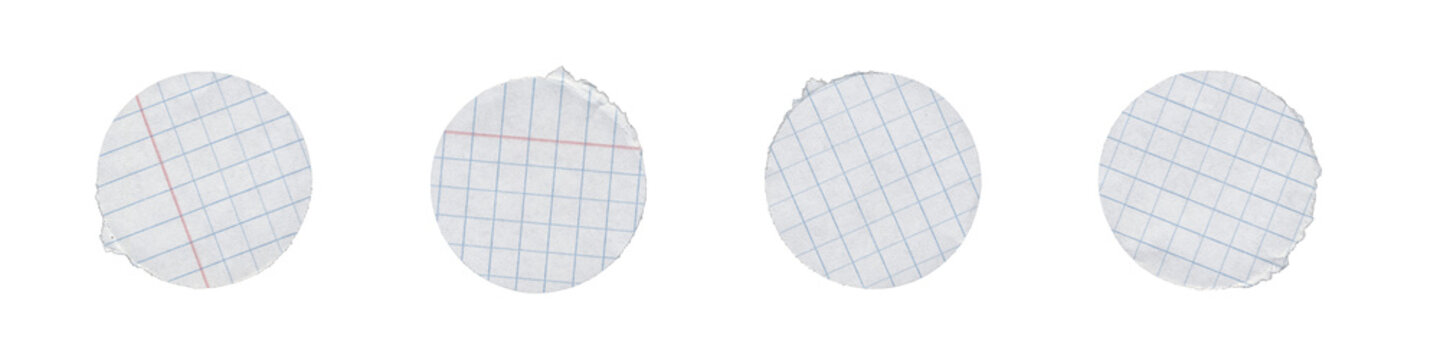 Set of round graph paper stickers with soft torn edges on transparent background