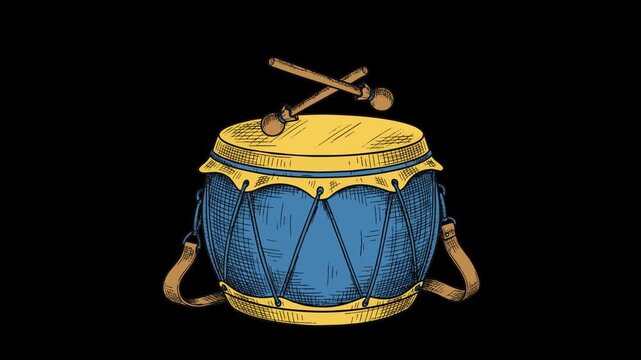 Ramadan traditional drum with sticks animation, detailed illustration style on transparent background, smooth looping motion for festive visuals
