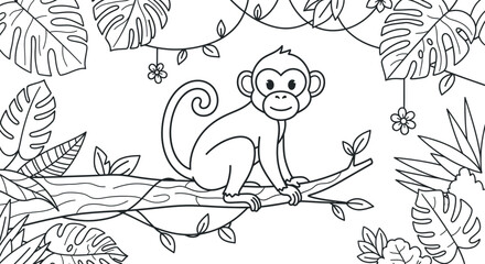 A charming, happy cartoon monkey with a long curled tail sits peacefully on a thick tree branch surrounded by lush tropical jungle foliage, perfect for children's coloring books. © Murshid