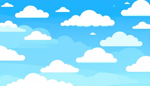 A cartoon-style illustration of a bright blue sky filled with fluffy white clouds of varying sizes and shapes