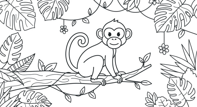 A charming, happy cartoon monkey with a long curled tail sits peacefully on a thick tree branch surrounded by lush tropical jungle foliage, perfect for children's coloring books.