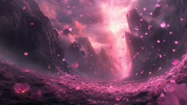 Abstract illustration of pink flower petals mountains and celestial light