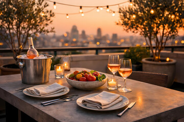 Fototapeta premium Hyper-realistic 16:9 rooftop terrace dining at sunset. Concrete table with rosé, heirloom tomatoes, and linen napkins. Potted olive trees and string lights background. Elegant outdoor entertaining, wa