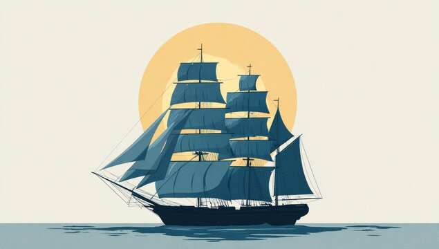 A classic clipper ship sails on the ocean with sails billowing in the wind, a setting sun provides a warm glow in the background
