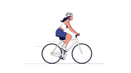 Fototapeta premium A woman wearing a white helmet and athletic attire rides a bicycle in a minimalist illustration style against a clean white background with a focus on fitness and transportation.