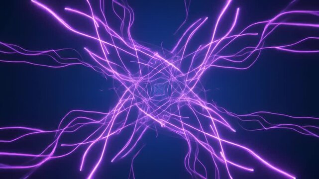 Purple neon light trails intersecting in a dark blue background for a futuristic technology presentation or website background