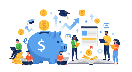 Fototapeta premium Student Financial Aid and Education Savings Planning. People Invest in Knowledge, Study, and Career Growth near Piggy Bank and Graduation Cap.