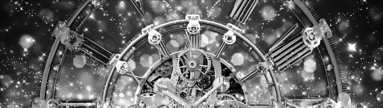Monochrome Vintage Clockwork Mechanism with Sparkling Magic Particles Background