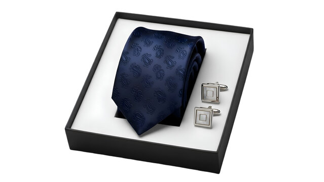 Elegant navy blue tie and silver cufflinks set in gift box