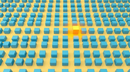 Naklejka premium Isometric grid. Blue cubes rest upon yellow platforms. Center shows brighter, warmer hue. Visual represents data points or network.