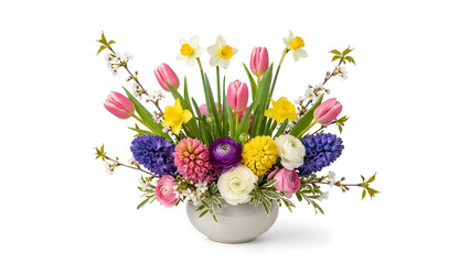 Obraz premium Vibrant spring floral arrangement in white vase with tulips daffodils and colorful blooms