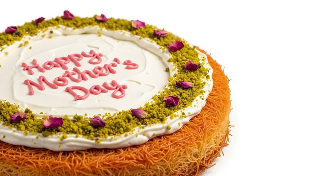 Middle Eastern Kunafa dessert with 'Happy Mother's Day' message and pistachios