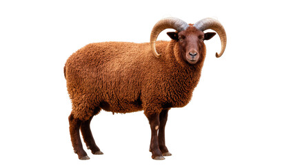 Adult male brown ram with thick wool and impressive curved horns standing confidently © Sylas
