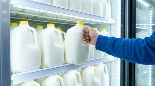 Person's hand reaching for a white plastic gallon jug of milk from a refrigerated shelf in a supermarket dairy aisle, symbolizing everyday grocery shopping and healthy lifestyle choices