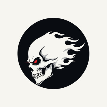Stylized flaming skull with glowing red eyes in profile illustration.