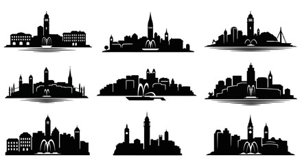 Fototapeta premium Cityscape Silhouettes: Collection of Urban Skylines with Towers and Fountains