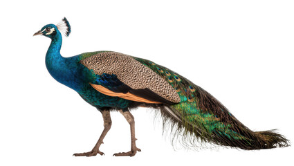 Fototapeta premium Stunning peacock with vibrant blue and green feathers standing gracefully in profile