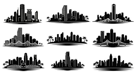 Obraz premium Cityscape Silhouettes: Diverse Urban Skylines with Bridges and Palm Trees