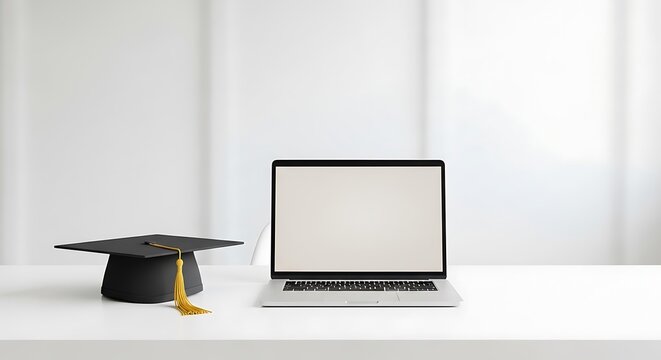 Graduation cap sits beside an open laptop on a clean white desk indoors.