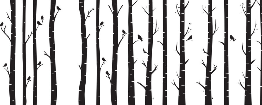 birch tree forest silhouette vector with birds .