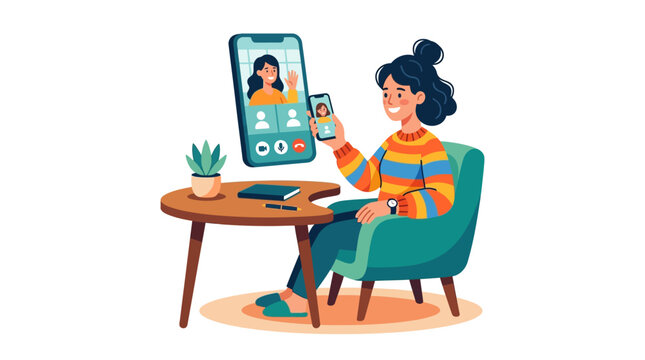 Young woman video calling on smartphone while sitting comfortably.