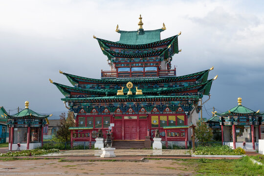 Buddhist temple on the territory of Ivolginsky Datsan on a cloudy September day. Buryatia