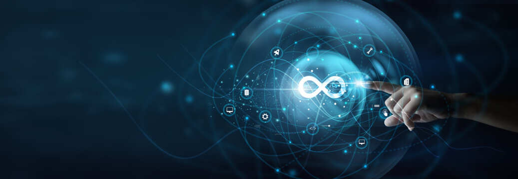 IT engineer holding deployment dashboard. DevOps integrates development and operations to automate workflows and deliver software faster and reliably.